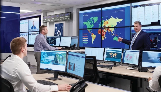 Global operations centre with monitoring screens