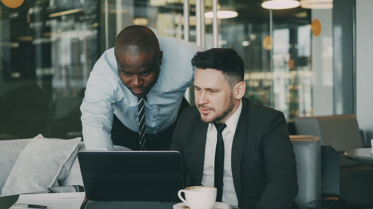 Business partners exploring a branded services portal on a laptop